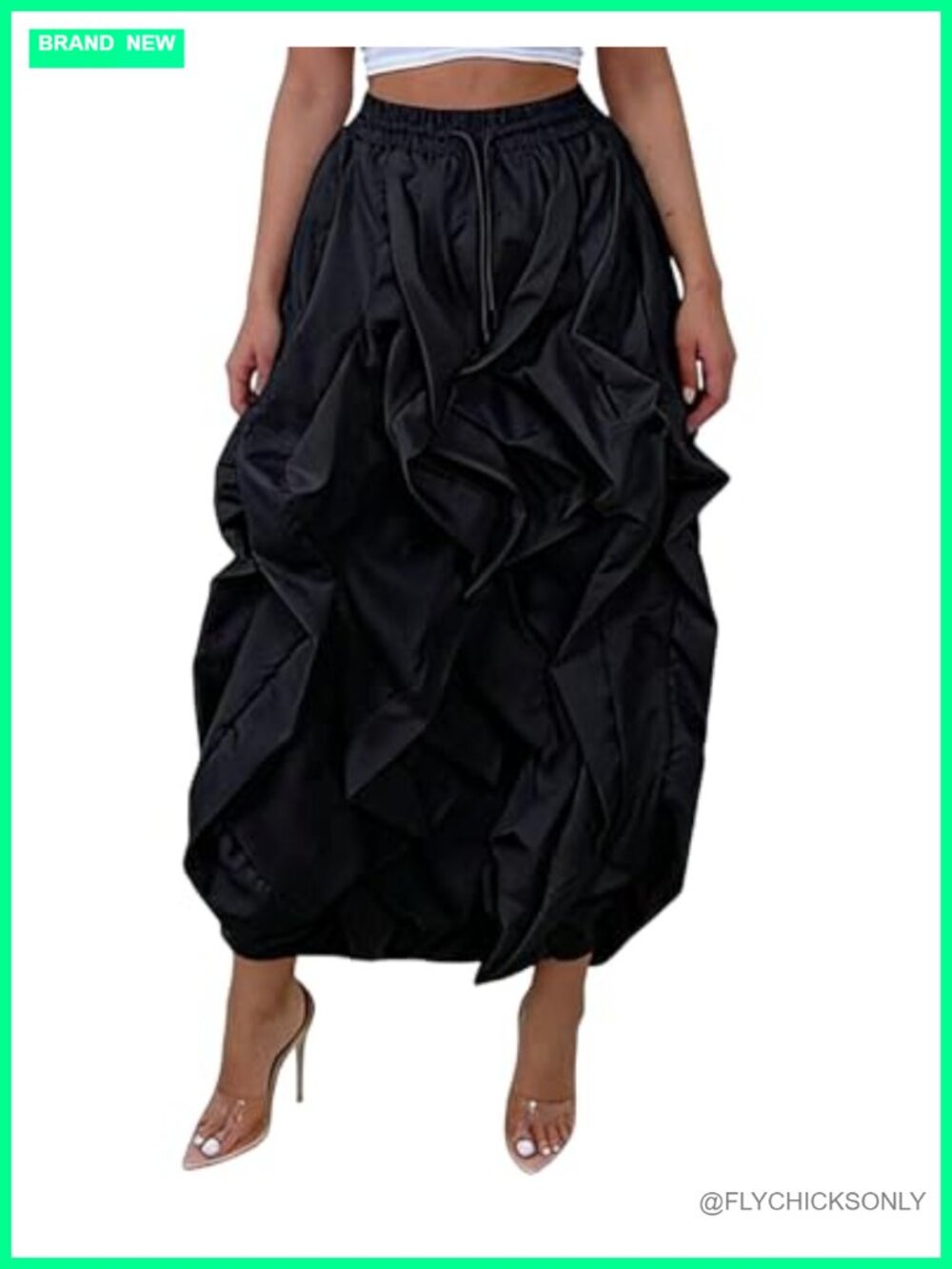 Pleated Cargo Maxi Skirt with Pockets Elastic Drawstring High Rise